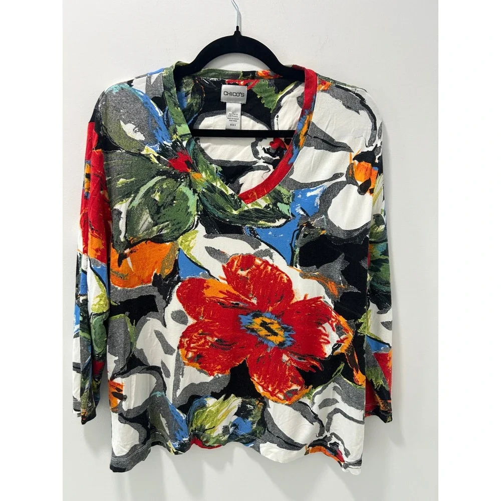 Chicos Floral V-Neck Top Multi-Color 3/4 Sleeve Knit Shirt Size 3 XL - Picture 1 of 8
